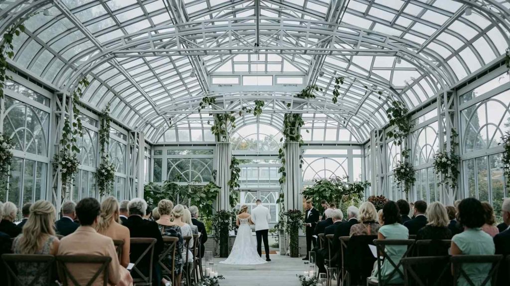 Victorian glass conservatory interior for wedding ceremony with guests and floral decoration