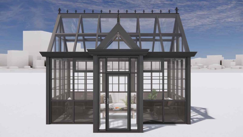 3D render of finished custom 5m x 3m aluminum greenhouse for Canadian backyard