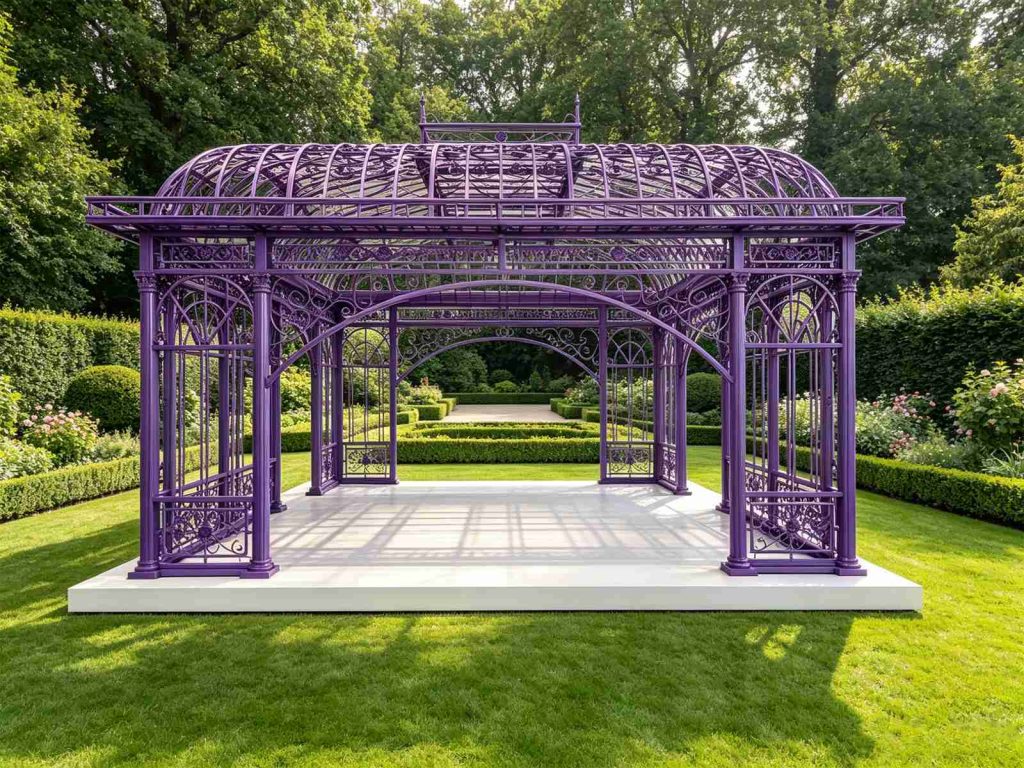 YSGH-246 purple garden gazebo on white platform in formal garden