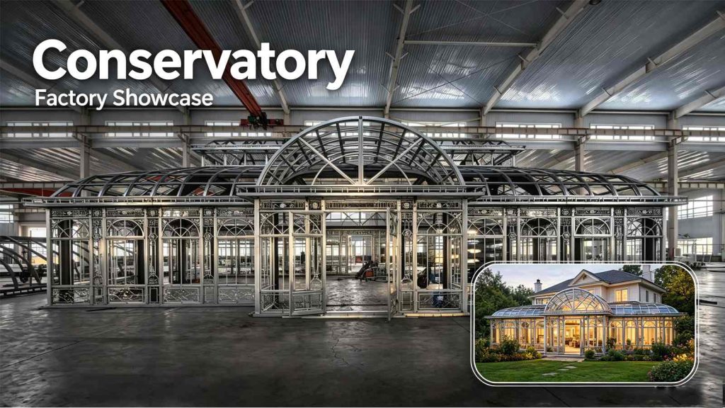 Victorian conservatory factory showcase photo, pre-assembled metal frame in workshop, reference render of finished home installation