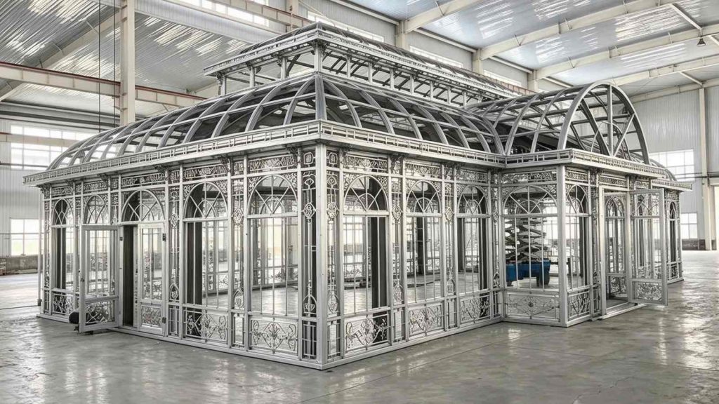 Large custom Victorian conservatory metal frame in factory, trial assembly finished, ornate decorative aluminum structure inside workshop