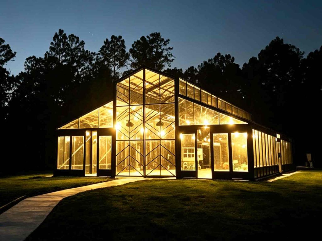 Exterior dusk shot of South Carolina wedding venue with glass facade and PC roof panels