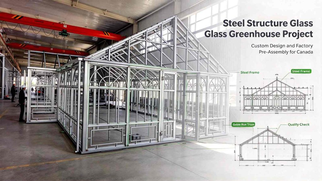 36ft x20ft glass greenhouse pre-assembled in workshop, custom garden sunroom with engineering drawing and five star customer feedback panel
