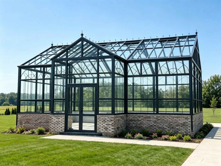 Side perspective of Victorian garden greenhouse featuring RAL7016 frame, tempered glass panels and brick base
