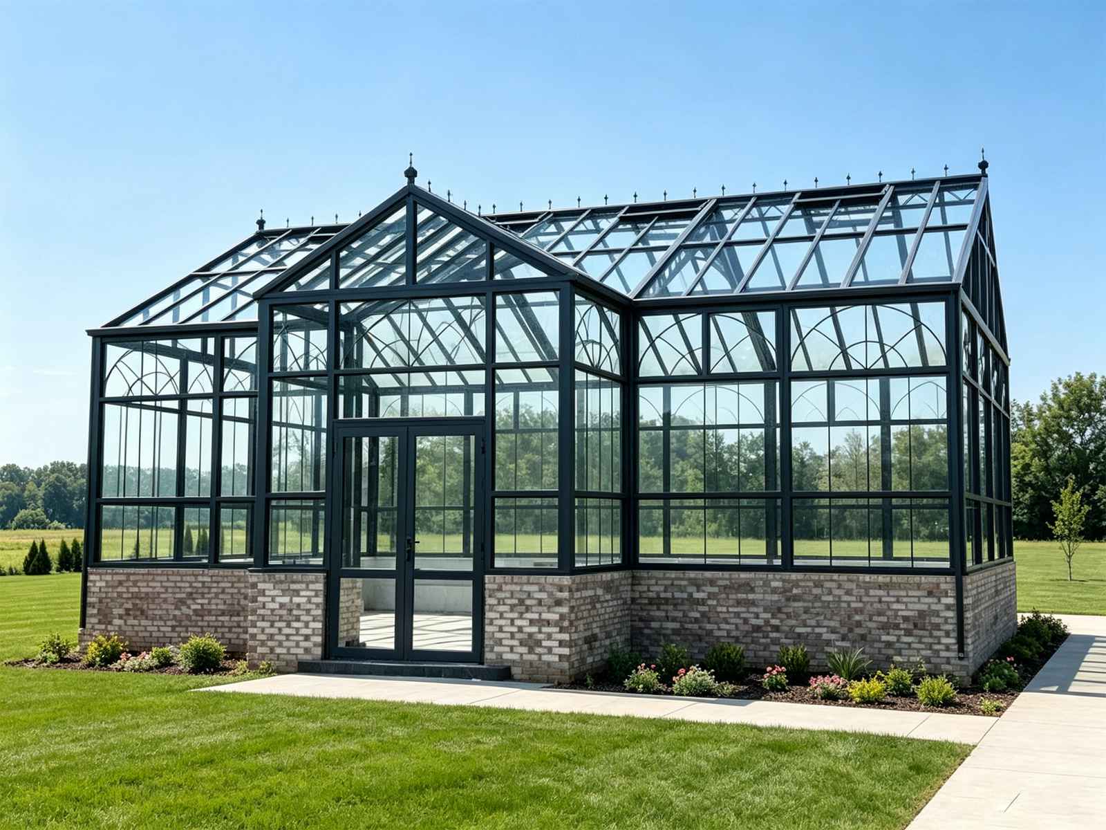 Side perspective of Victorian garden greenhouse featuring RAL7016 frame, tempered glass panels and brick base