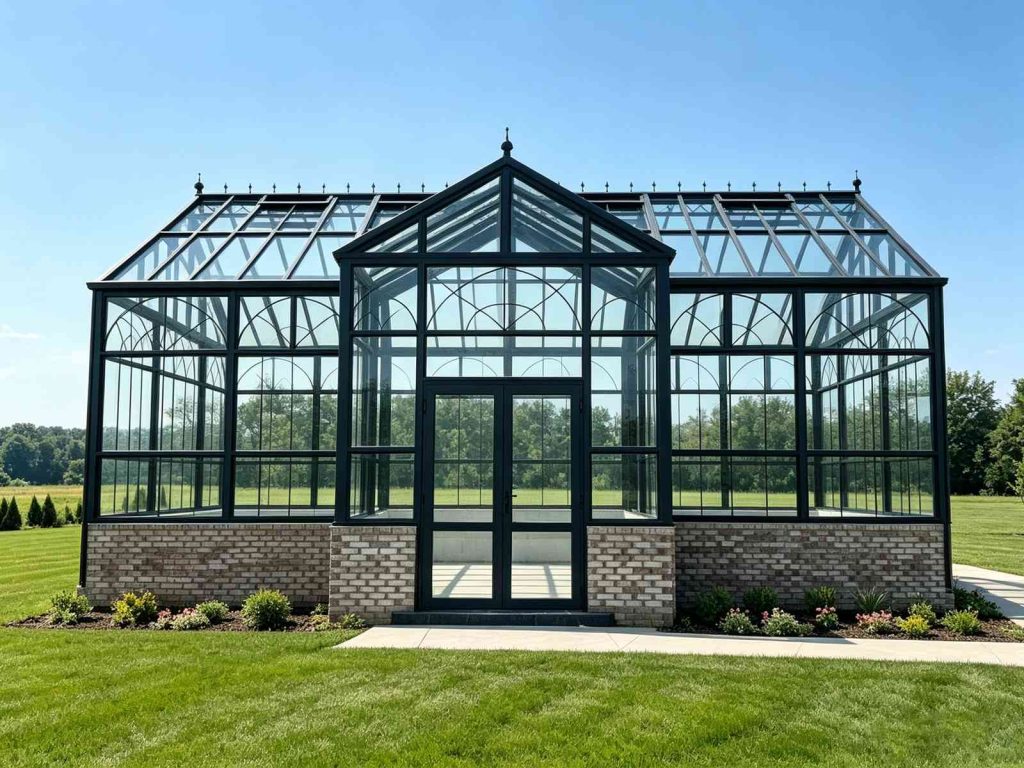 Front facade of Victorian garden greenhouse with double entrance doors, tempered glass and clay brick base for home garden