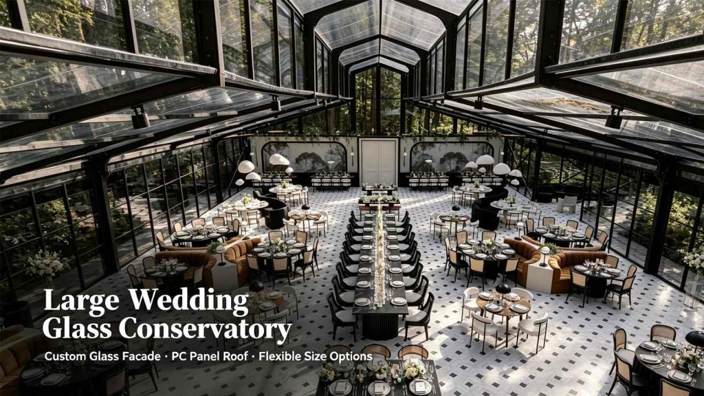Large wedding glass conservatory interior with banquet tables, custom glass facade and PC panel roof for luxury forest wedding venue