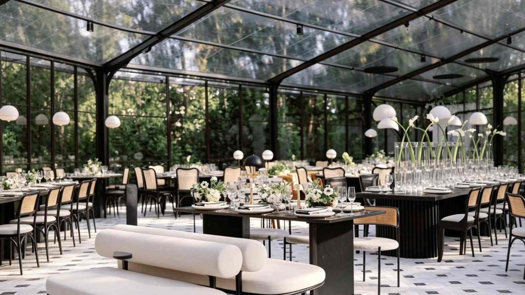 Close-up view of dining tables inside large wedding glass conservatory, elegant table setting with floral decor and glass wall