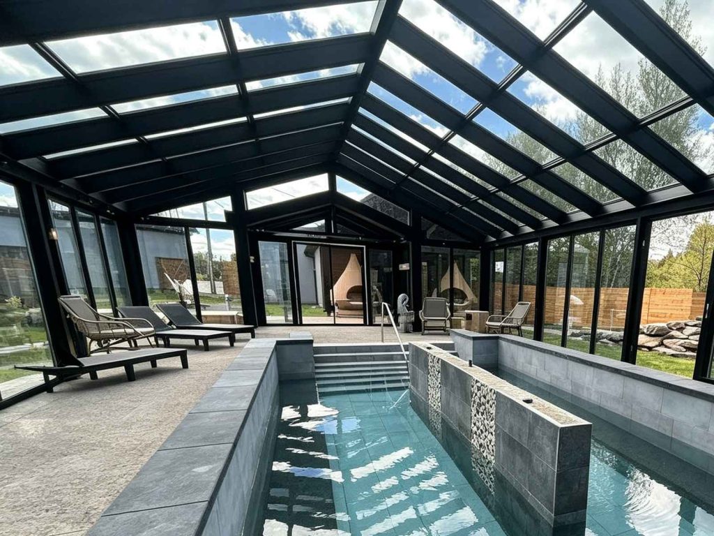 Inside minimalist pool sunroom, clear swimming pool water under Low-E glass roof