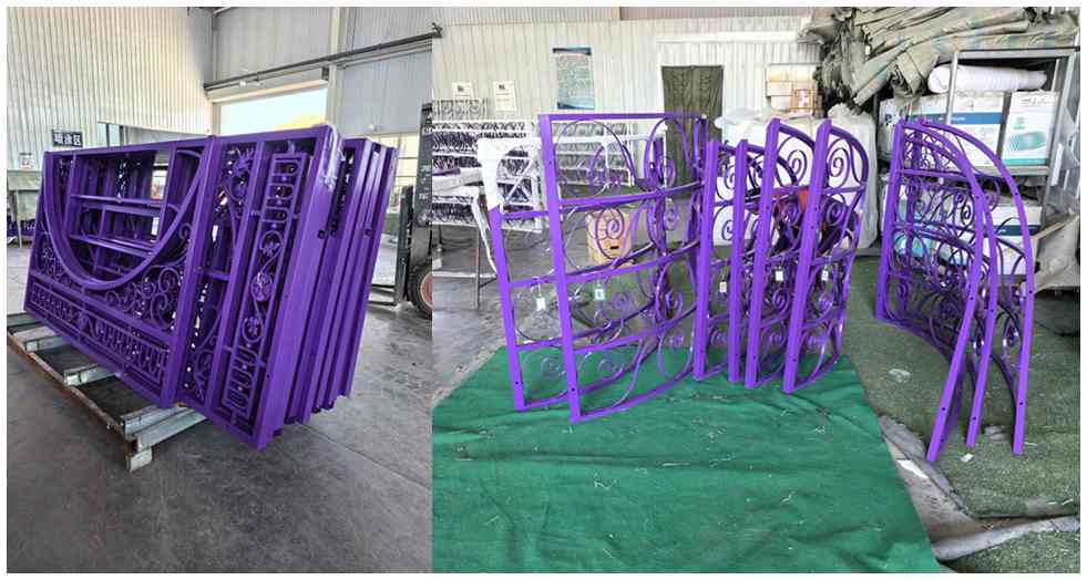 Purple painted hollow metal sunroom panels for Utah project L900×W600×H487cm, finished decorative frame parts in factory workshop