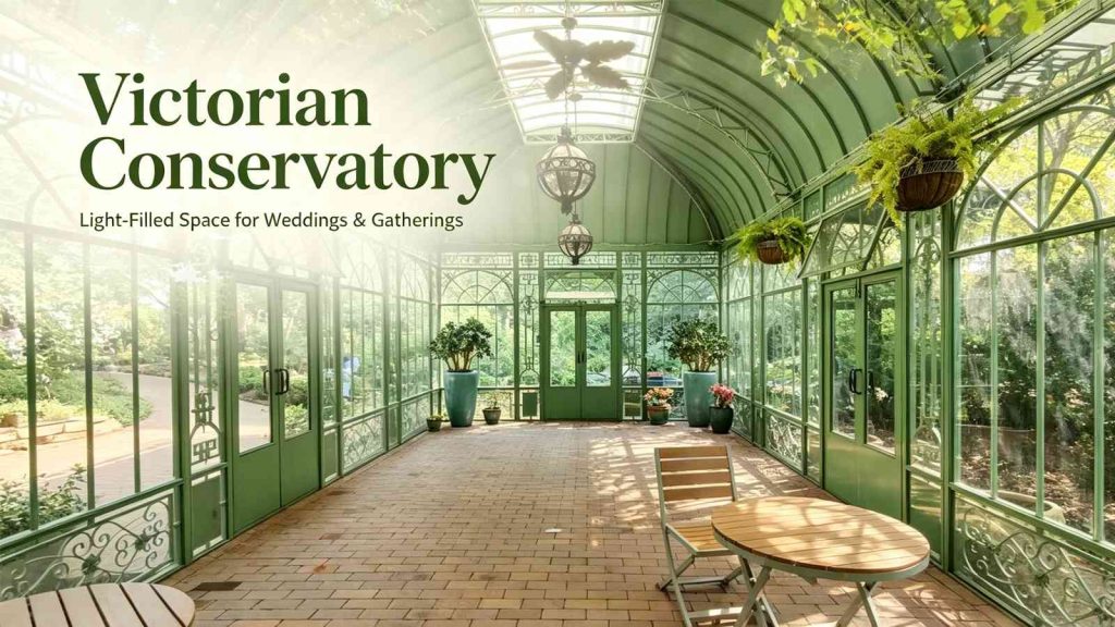 Large Victorian conservatory interior with arched green hot-dip galvanized steel frame, double tempered glass, hanging plants and wooden seating, bright natural light for weddings and gatherings