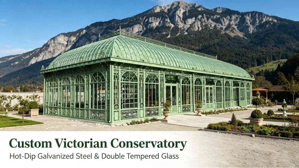 Full exterior view of large custom Victorian conservatory with curved green hot-dip galvanized steel frame and double tempered glass, mountain background, customizable size and colour