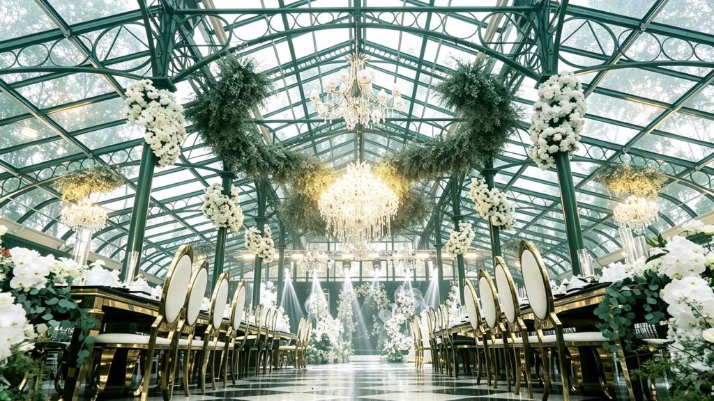 Luxury wedding setup inside victorian glass conservatory with hanging white floral arrangements and grand crystal chandeliers