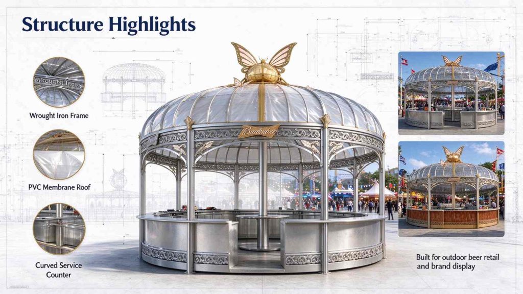 Structure highlights of Budweiser beer display kiosk, wrought iron frame, PVC membrane roof, curved service counter, technical drawing background