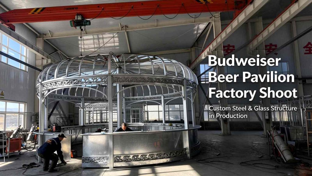Budweiser custom circular beer pavilion, factory assembly shot, ornate galvanized steel frame, domed glass roof, decorative metal carving, custom metal gazebo bar booth, YongSheng manufacturer workshop