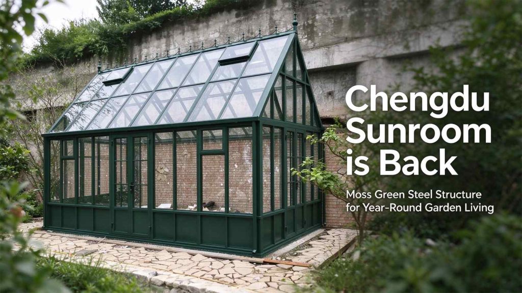 Chengdu sunroom is back, moss green steel sunroom blog cover for garden living