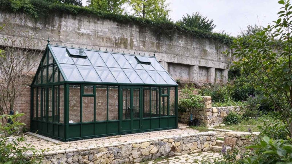 Moss green steel sunroom, chengdu sunroom built on natural stone terrace for garden use