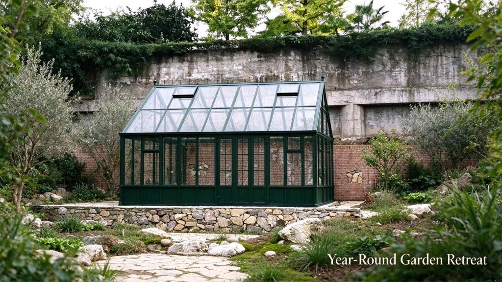 Moss green steel sunroom on stone terrace, chengdu garden sunroom with vintage border