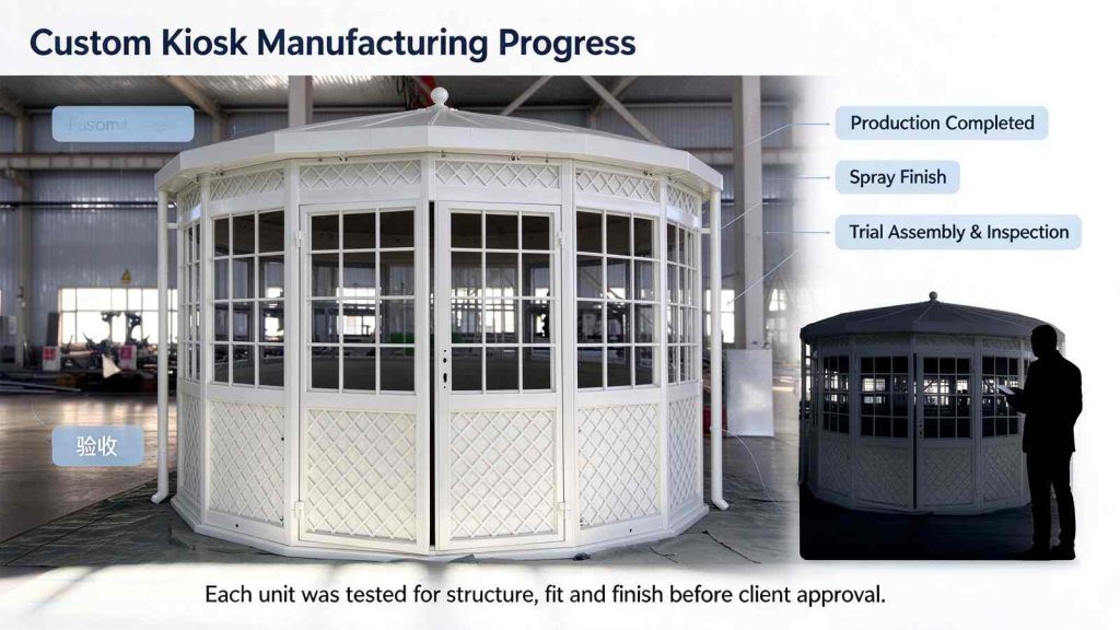 Custom white octagonal kiosk full front view with lattice window and double doors for French client acceptance