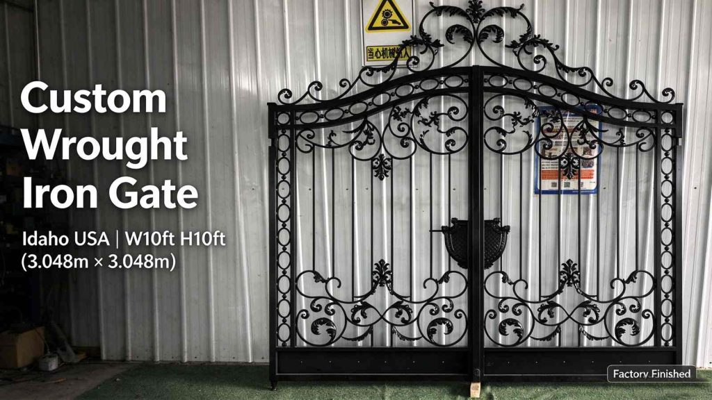 Custom wrought iron gate for Idaho USA W10ft H10ft finished in factory, black scroll decorative double courtyard gate