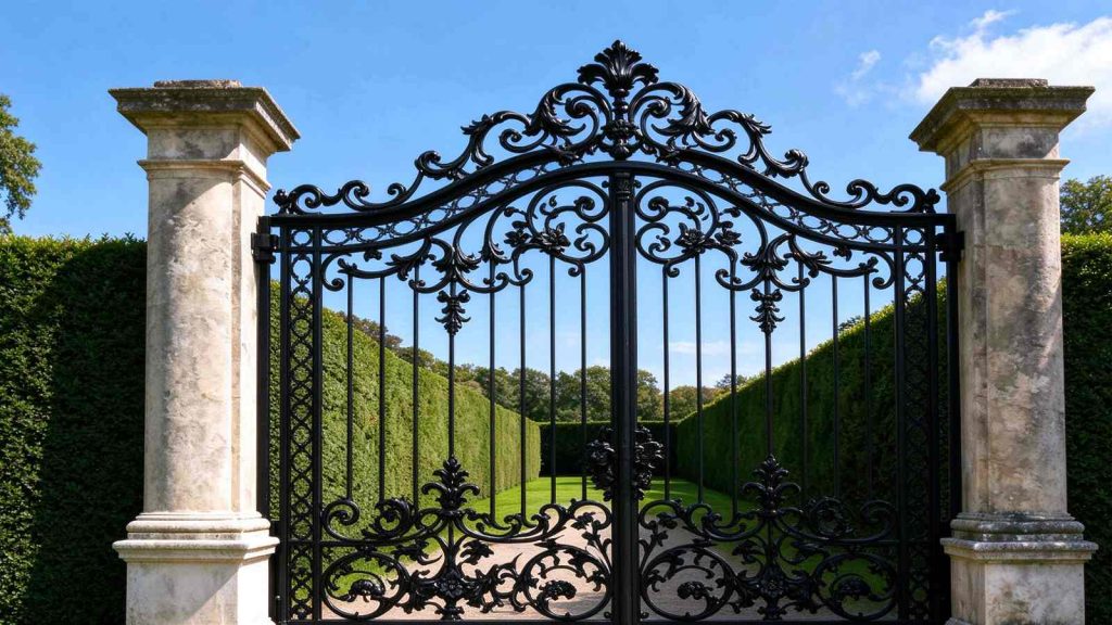 Custom wrought iron gate with classic scroll design installed at villa courtyard, black ornamental double gate with stone pillars