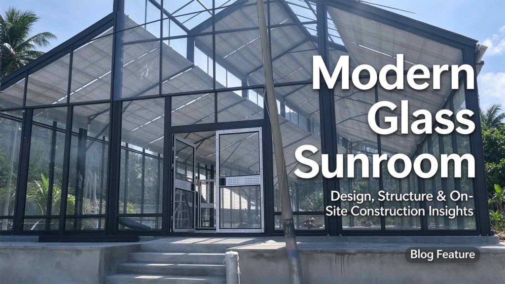 Modern glass wall marquee exterior facade in Malaysia, black aluminium steel frame, glass entrance, tropical outdoor backdrop, blog cover image