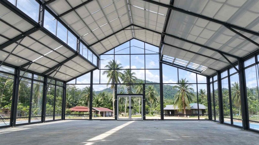 338 sqm glass wall marquee interior under installation in Malaysia, black steel frame, PC roof panel, 5mm tempered glass wall, tropical palm view