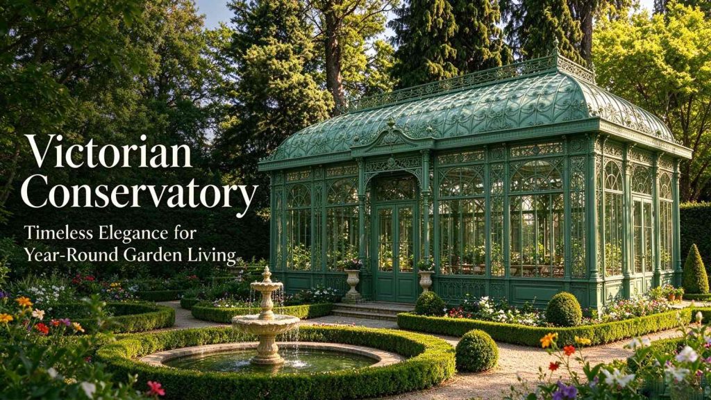 Exterior shot of Victorian conservatory in manicured formal garden, green ornate steel frame, fountain and trimmed hedges,