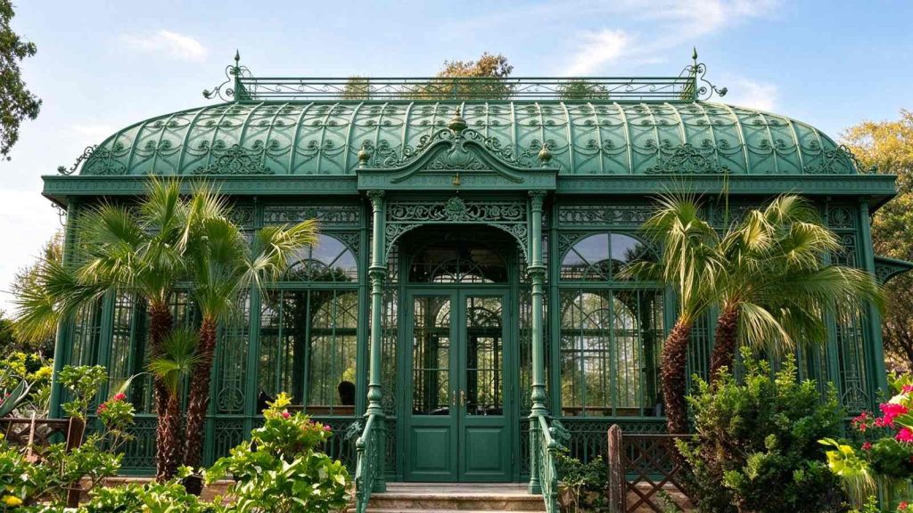 Outdoor front view of Victorian greenhouse, green hot-dip galvanized steel structure with curved glass roof, surrounded by palm trees and tropical foliage