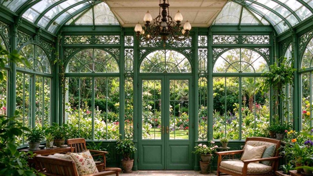 Interior view of Victorian conservatory with green hot-dip galvanized steel frame, vintage chandelier, wooden lounge furniture and lush potted plants inside glass sunroom