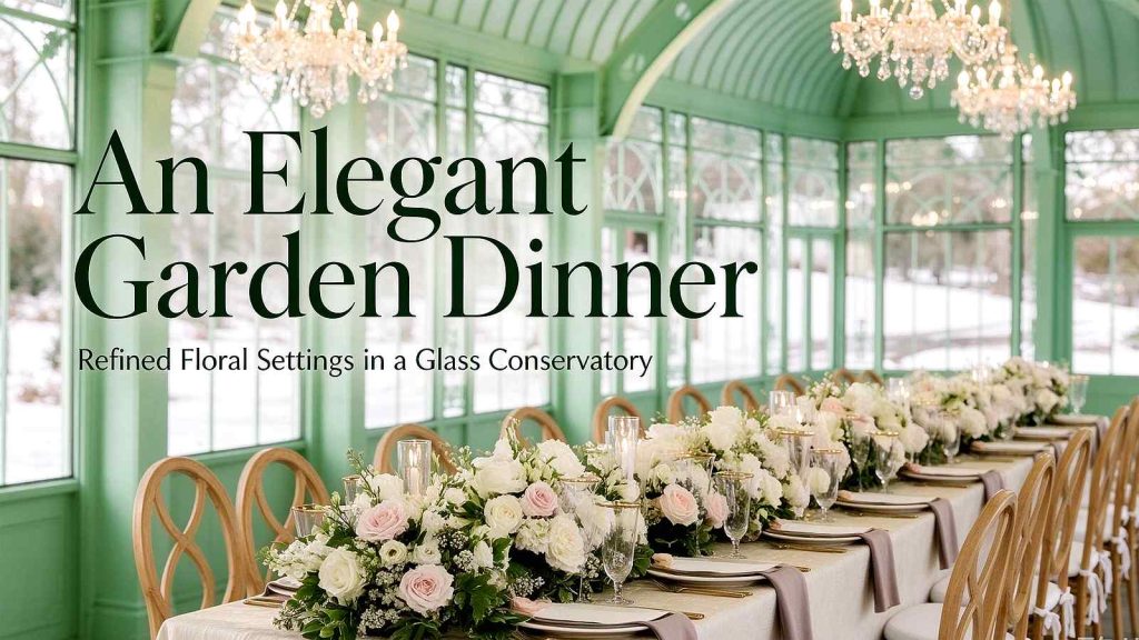 Elegant dining table inside Victorian greenhouse, white and blush floral centerpieces, crystal chandeliers